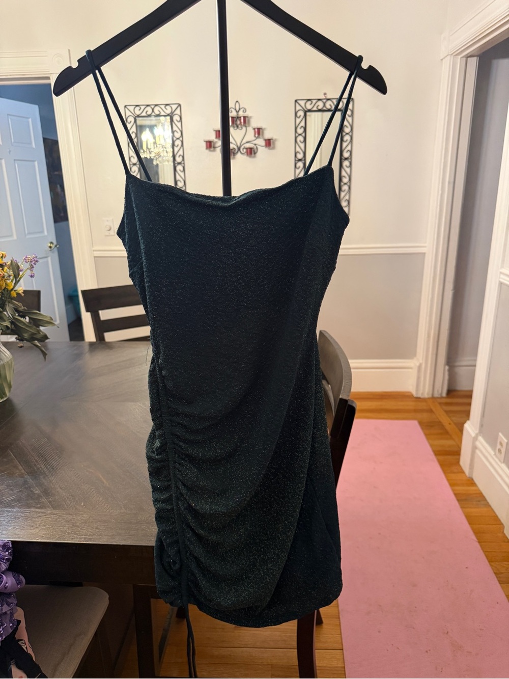 ✨ Midnight Shimmer! Windsor Emerald Green Glitter Ruched Mini Dress Large 👗